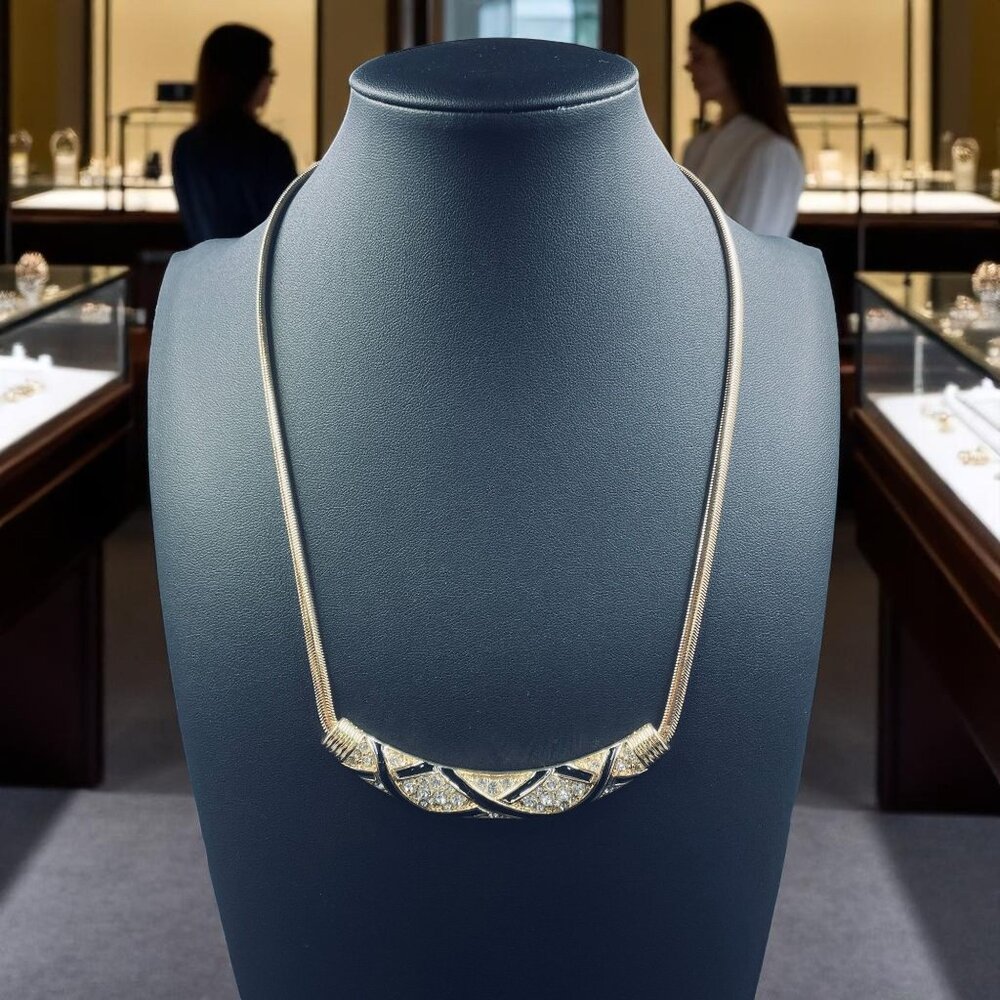 Snake Chain Necklace Bar Pendant‎ Black Enamel Crystal Collar Retro Glam